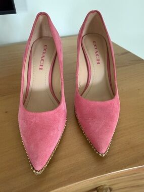 Coach Pink Suede Pointed Toe Pumps with Gold Bead Trim